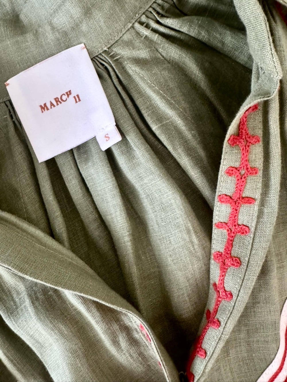 MARCH 11 Olive Green Embroidered Maxi Dress with Red Accent